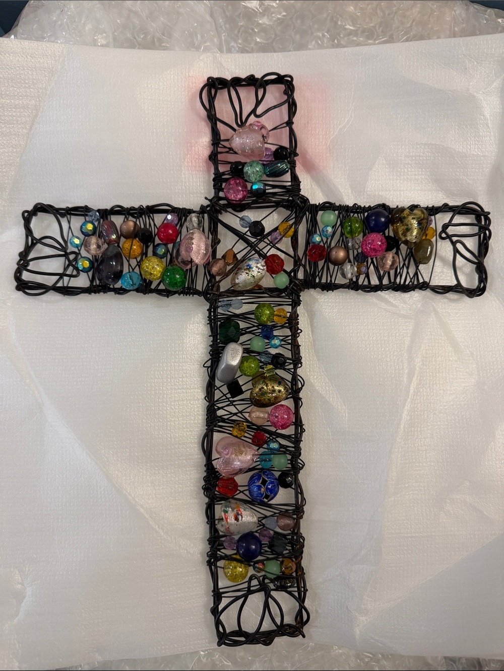 Handcrafted Black Wire Cross with Multicolor Glass Beads - Home Accent